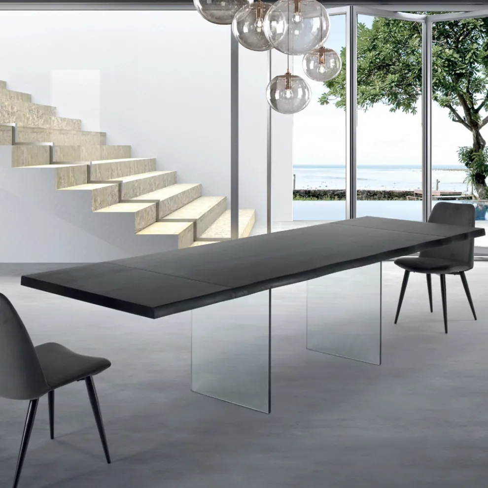 Ausziehbarer Tisch bis 300 cm aus furniertem Holz und Glas – Tear