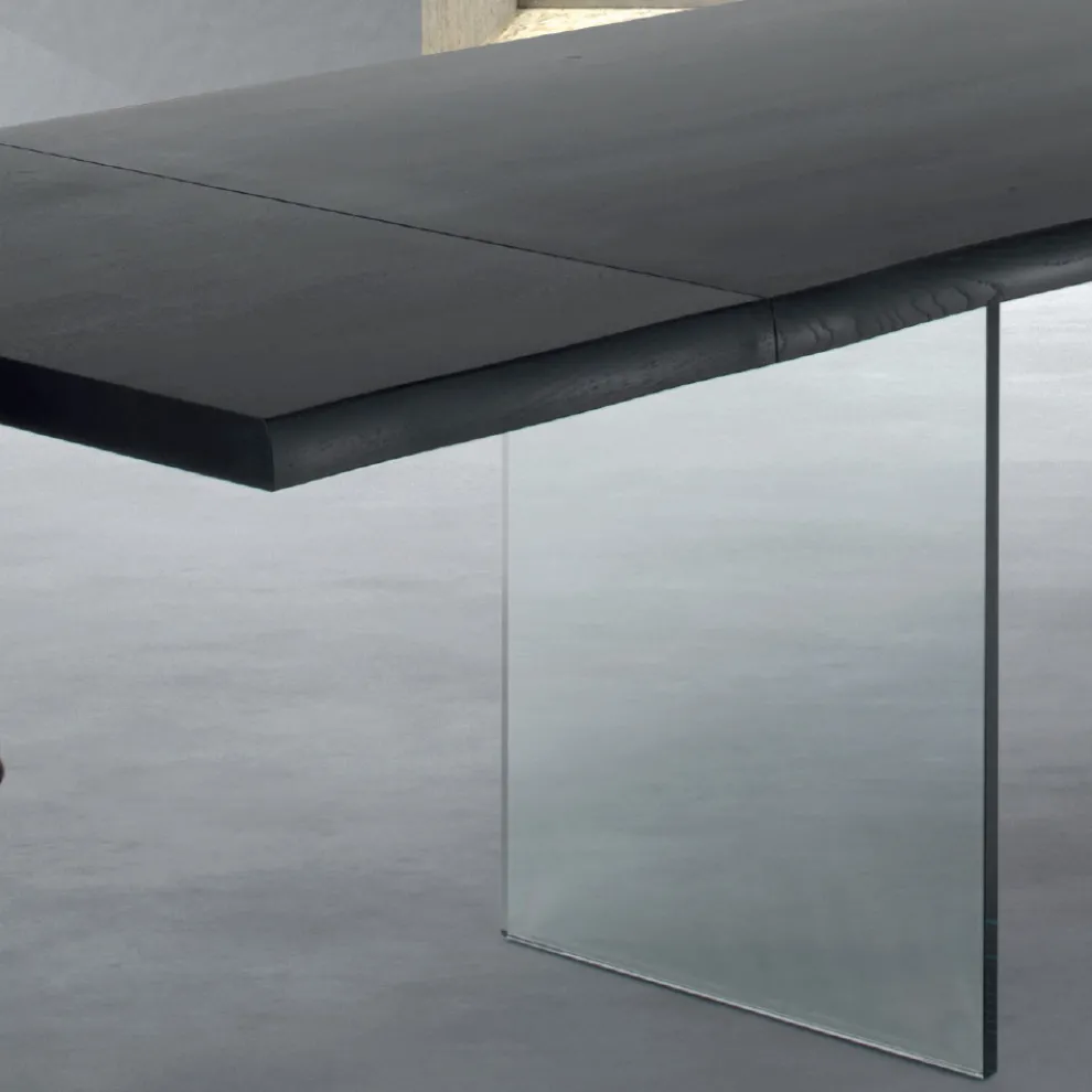 Ausziehbarer Tisch bis 300 cm aus furniertem Holz und Glas – Tear