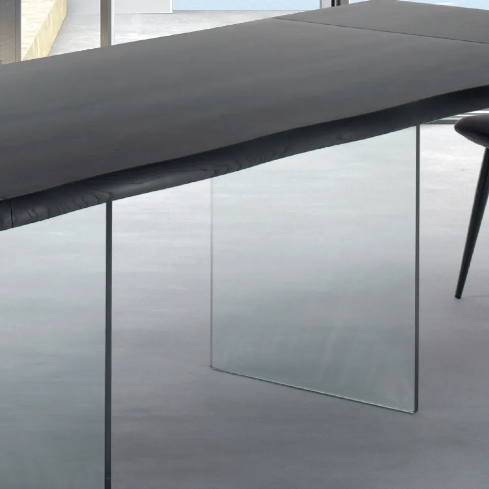 Ausziehbarer Tisch bis 300 cm aus furniertem Holz und Glas – Tear