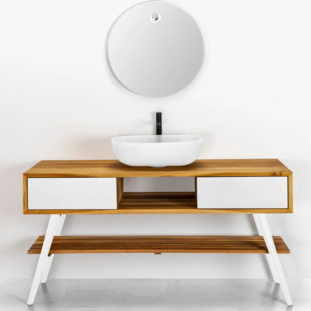 Badezimmer-Komposition mit Teak-Bodenschrank, Waschbecken und Zubehör - Georges