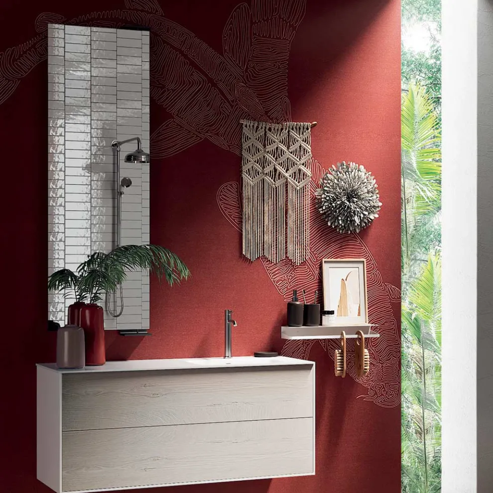 Badezimmerkomposition mit um 180° drehbarem Spiegel, Sockel und Waschbecken Made in Italy – Kilos