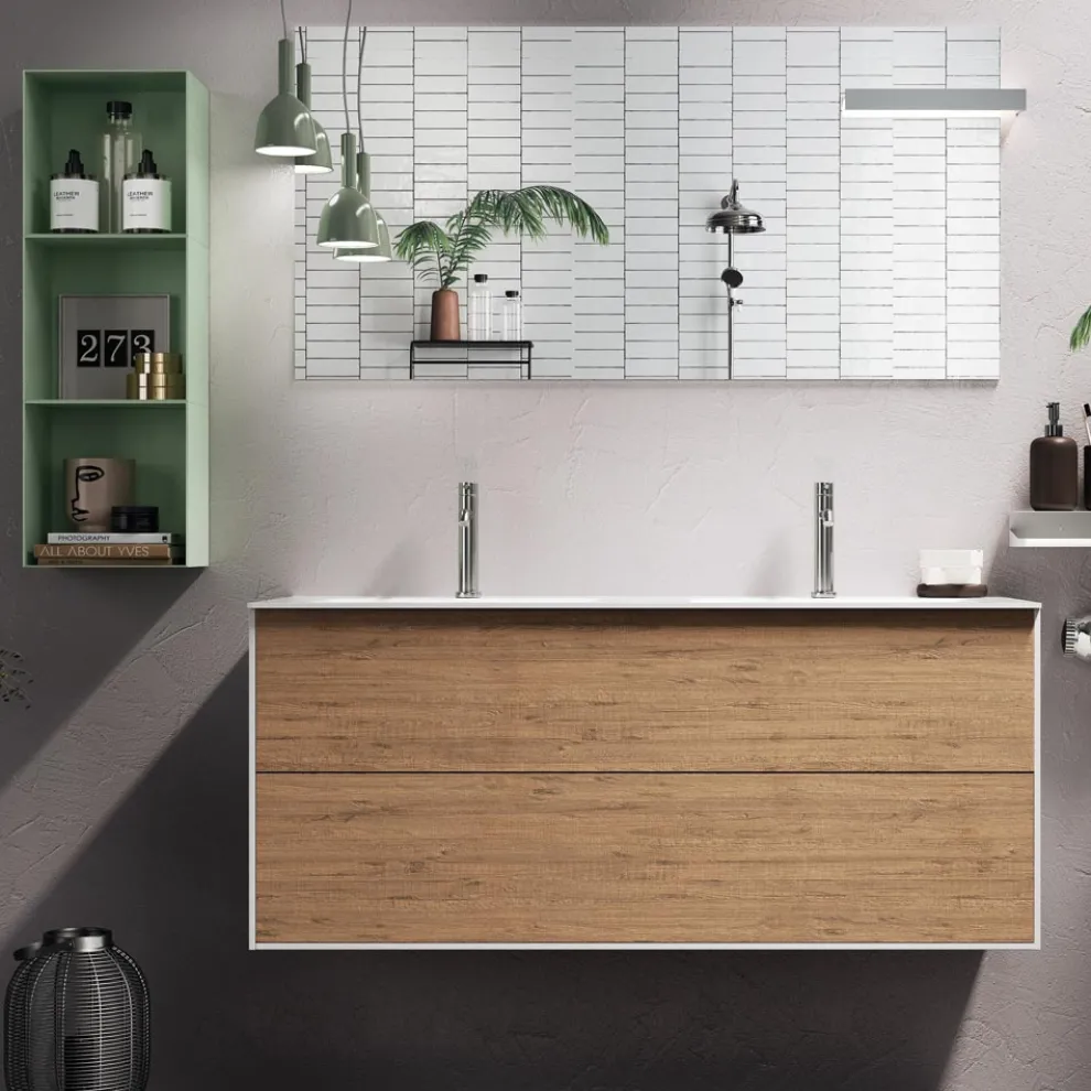 Badezimmerkomposition mit Sockel aus Honigeiche, Waschbecken und Spiegel, hergestellt in Italien – Kilos