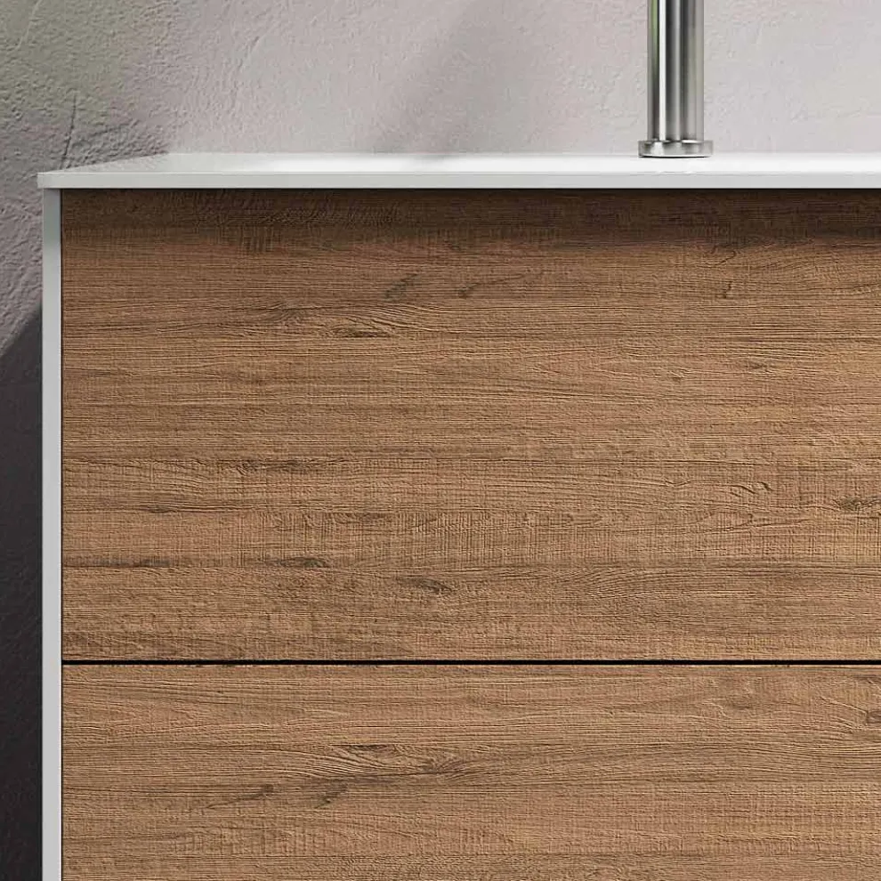 Badezimmerkomposition mit Sockel aus Honigeiche, Waschbecken und Spiegel, hergestellt in Italien – Kilos