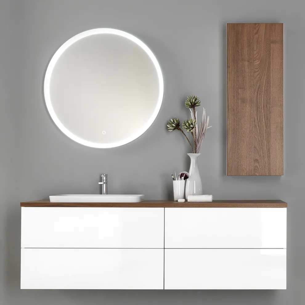 Badezimmermöbel aus weißem Holz und Nussbaum und Keramik 156 cm Made in Italy - Renga