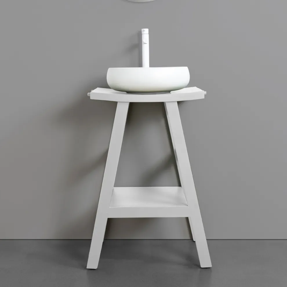 Badezimmerschrank aus mattweißem natürlichem Teakholz mit Handtuchhaken - Raomi