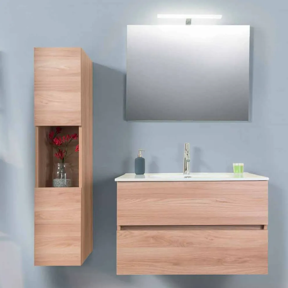Badezimmerschrank 90 cm, Wah Becken, Spiegel und Säule - Becky