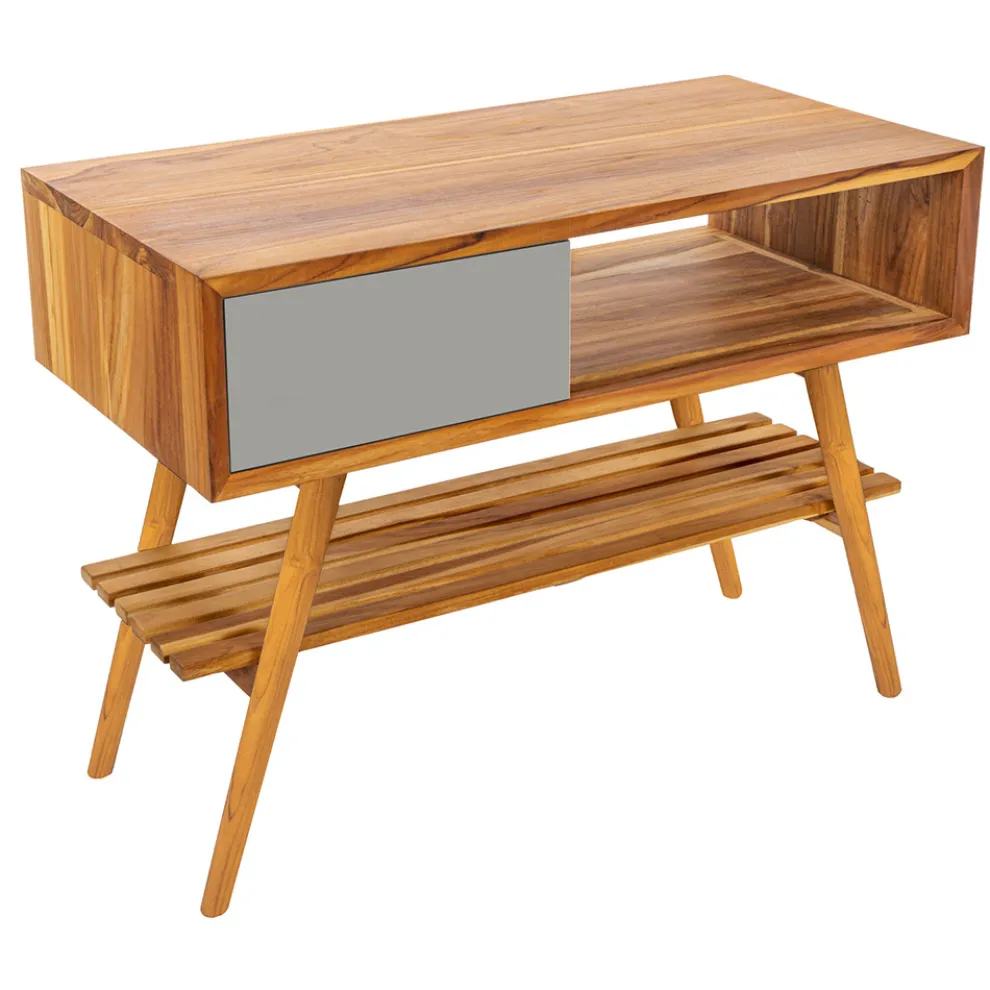 Badezimmerschrank aus natürlichem Teakholz mit Schublade aus grauem Mahagoni - Benoit