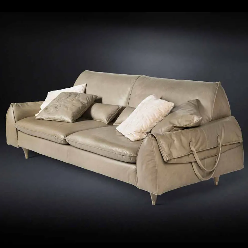 Couch aus Massivholz und Leder, Armelehnen mit Ablage Eve