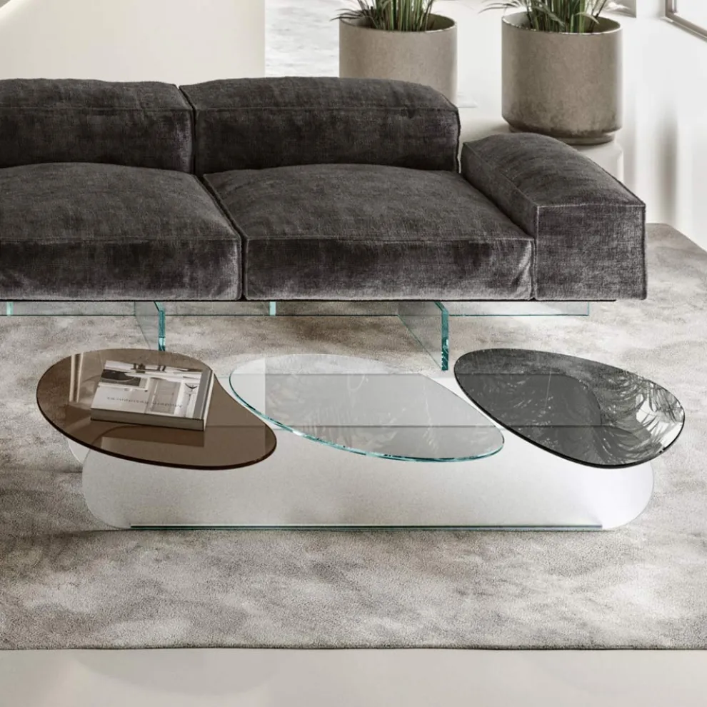 Couchtisch aus Glas mit 3 farbigen geformten Platten - Dapy