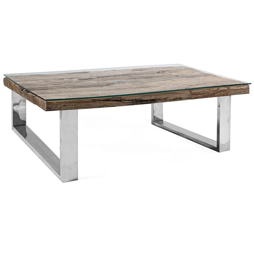 Couchtisch aus recyceltem Holz und Glasbeinen aus Stahl Homemotion - Gnomea