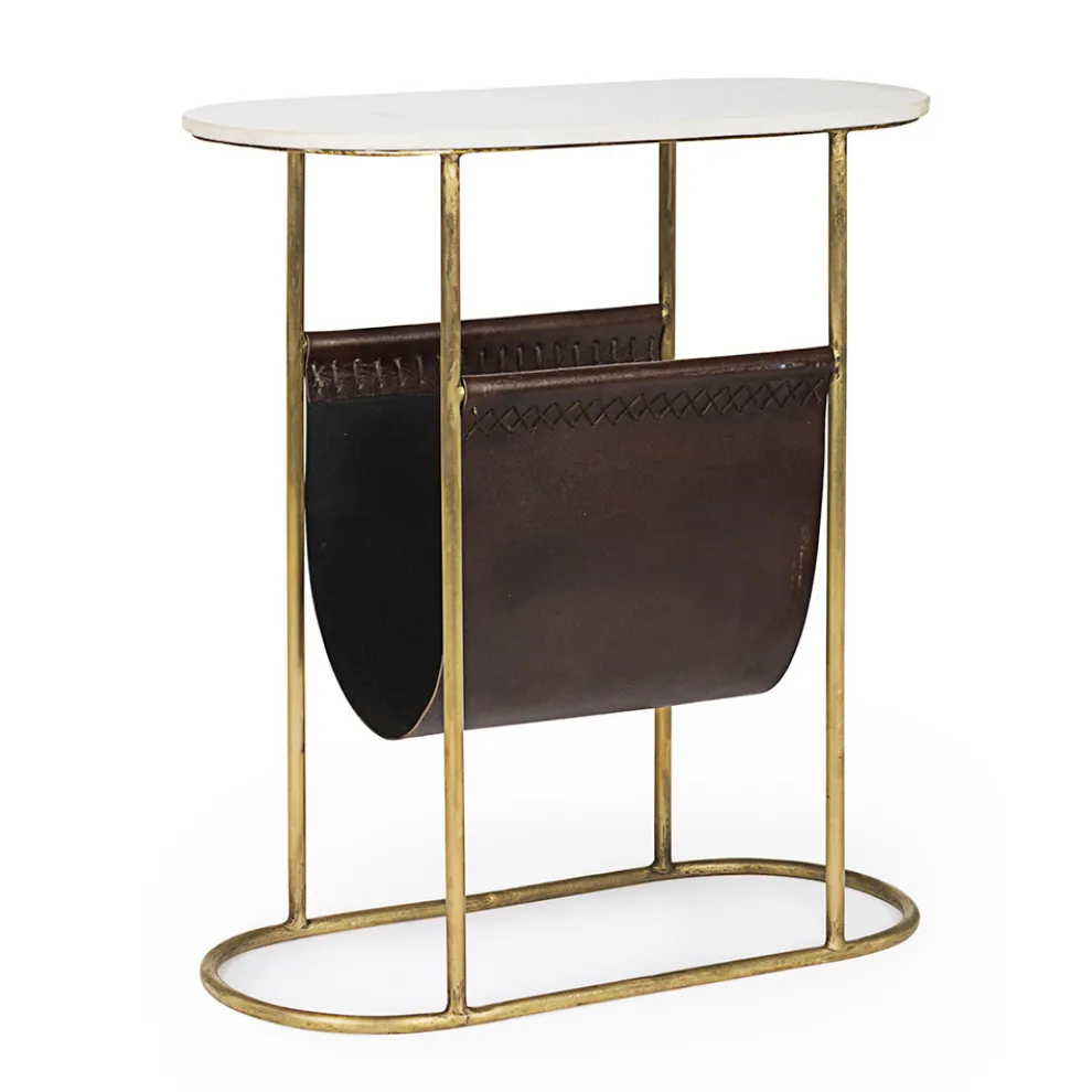 Couchtisch aus Stahl und Marmor mit Zeitungsständer aus Leder - Aretone