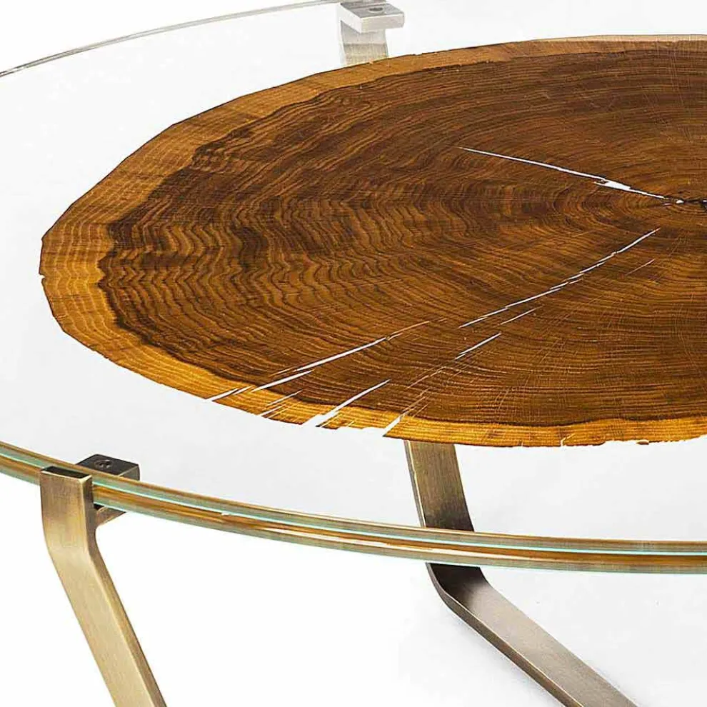 Couchtisch mit runder Glasplatte und Holzplatte Made in Italy - Baviera