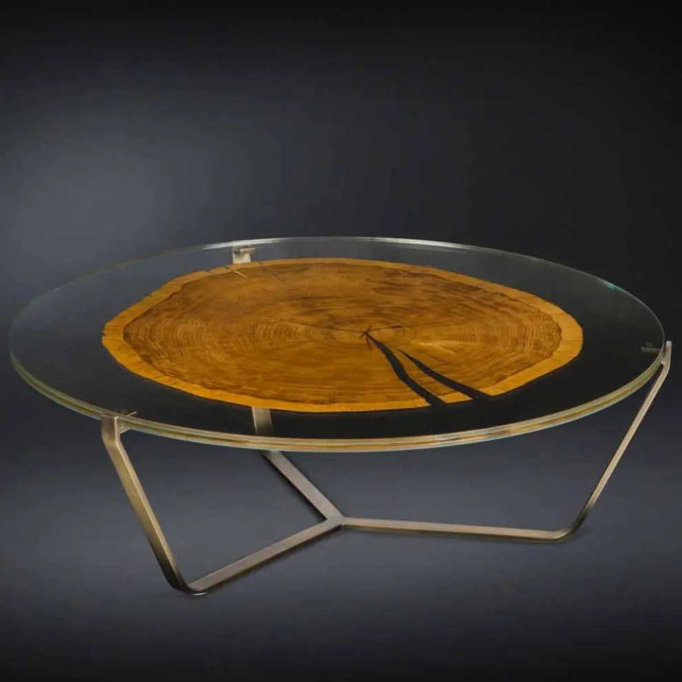 Couchtisch mit runder Glasplatte und Holzplatte Made in Italy - Baviera