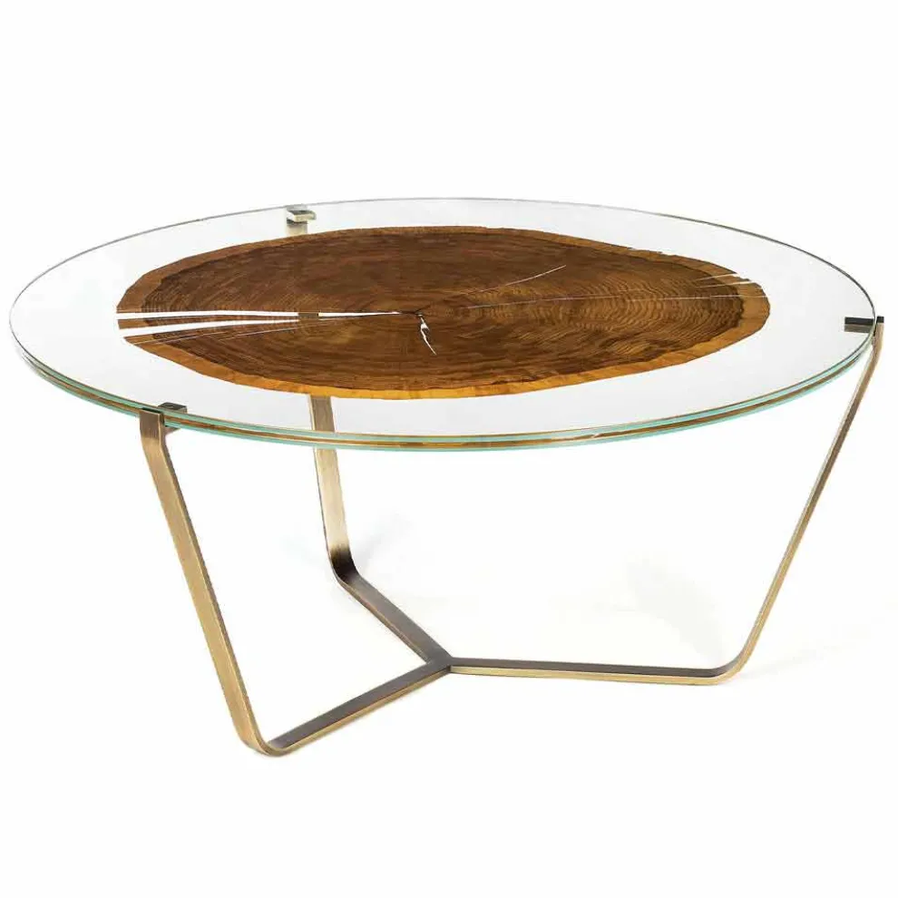 Couchtisch mit runder Glasplatte und Holzplatte Made in Italy - Baviera