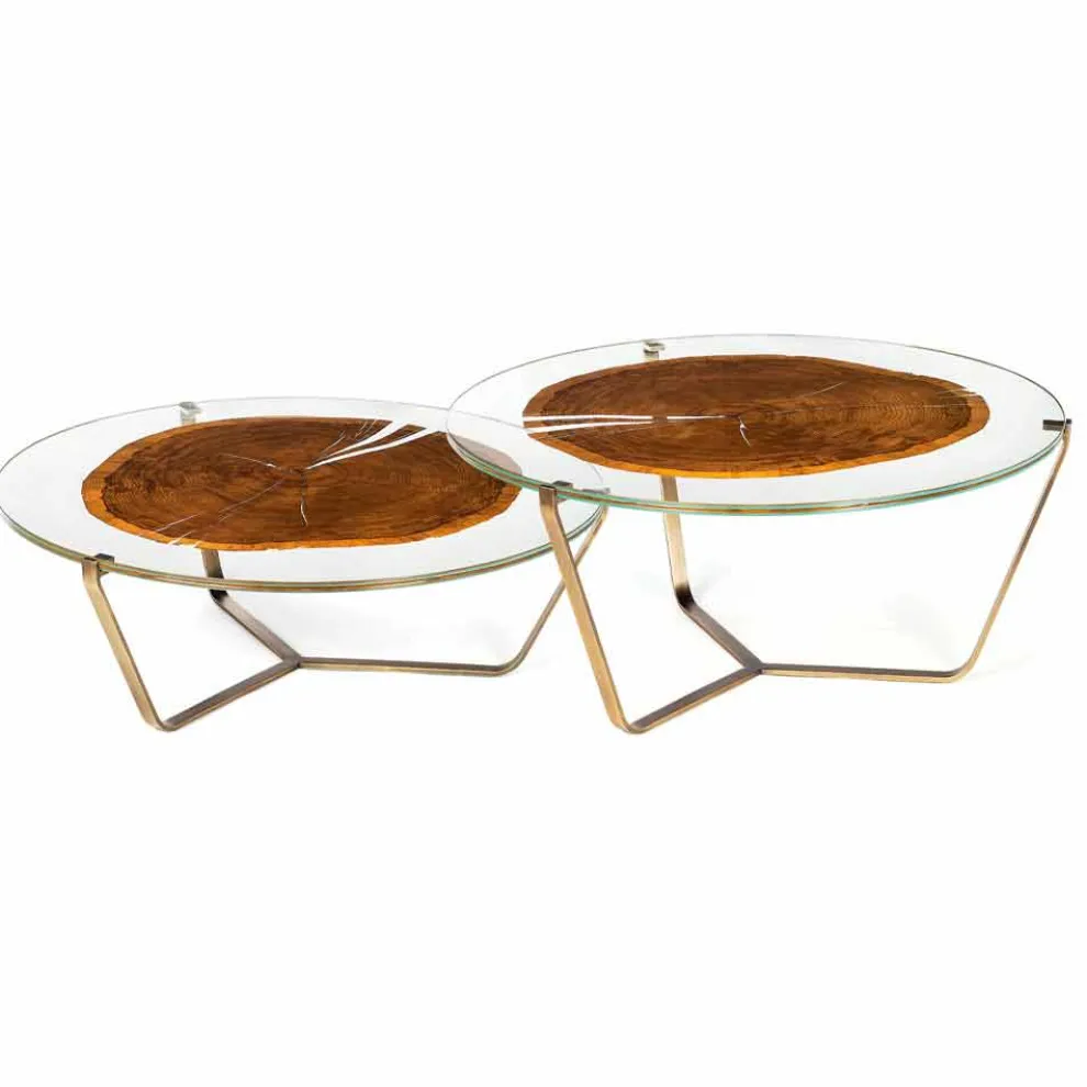 Couchtisch mit runder Glasplatte und Holzplatte Made in Italy - Baviera