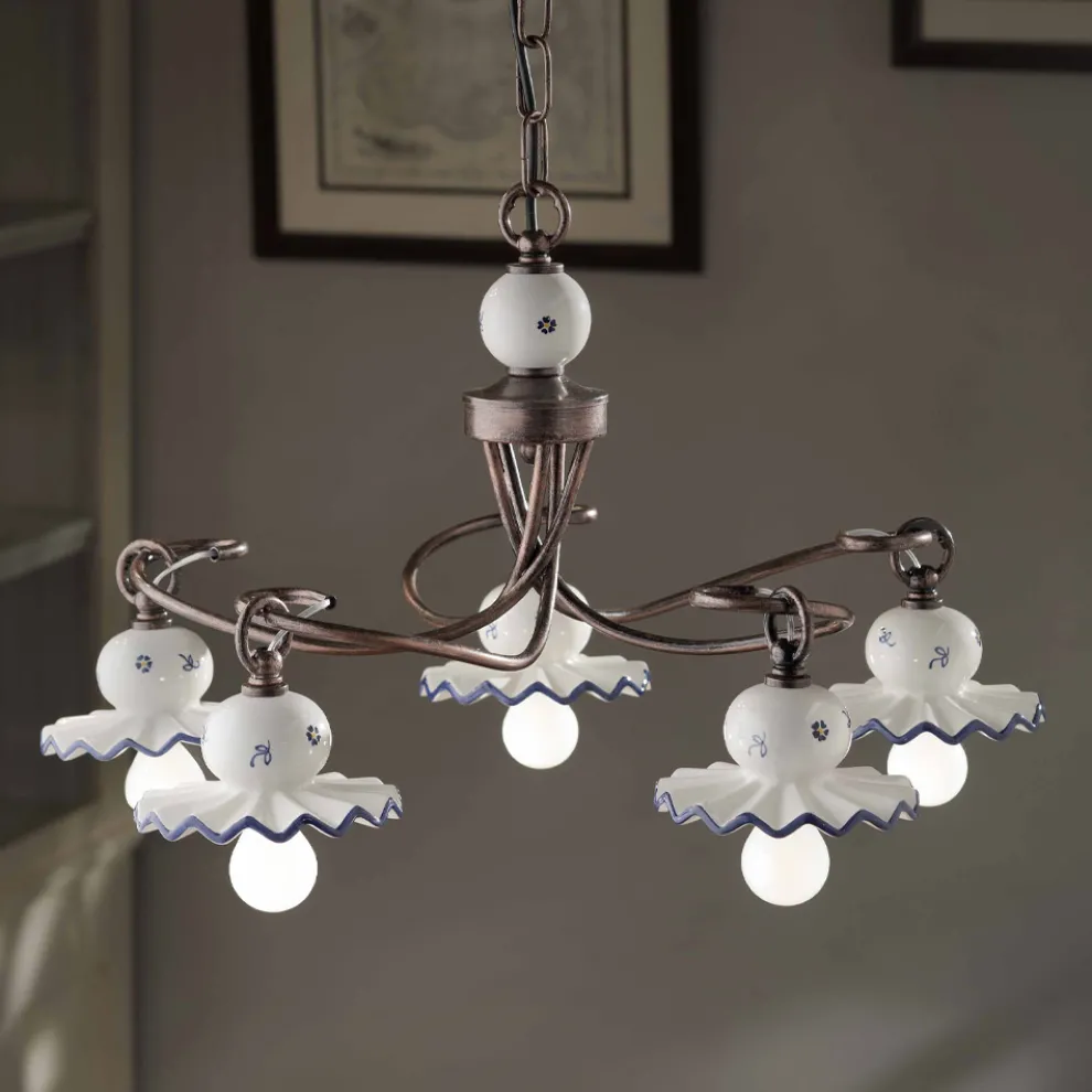 Country Kronleuchter mit 5 Lichtern aus handverzierter Keramik - Rom