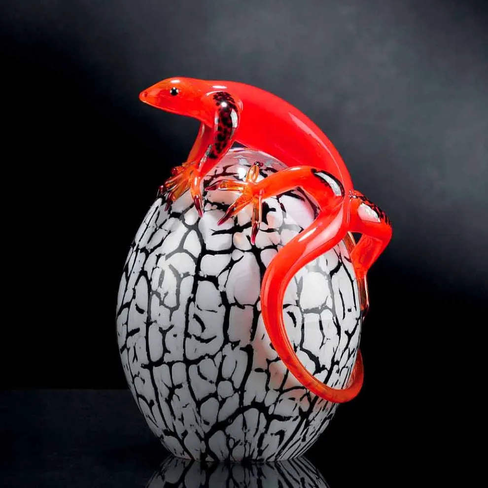 Dekorative eiförmige Glasstatue mit Gecko Made in Italy - Huevo