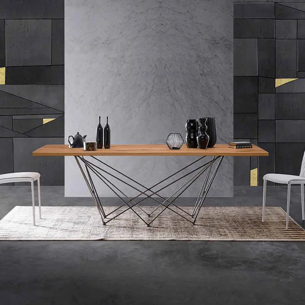 Design Esstisch mit einer Platte aus Holz und einem Gestell aus Metall, Esperia