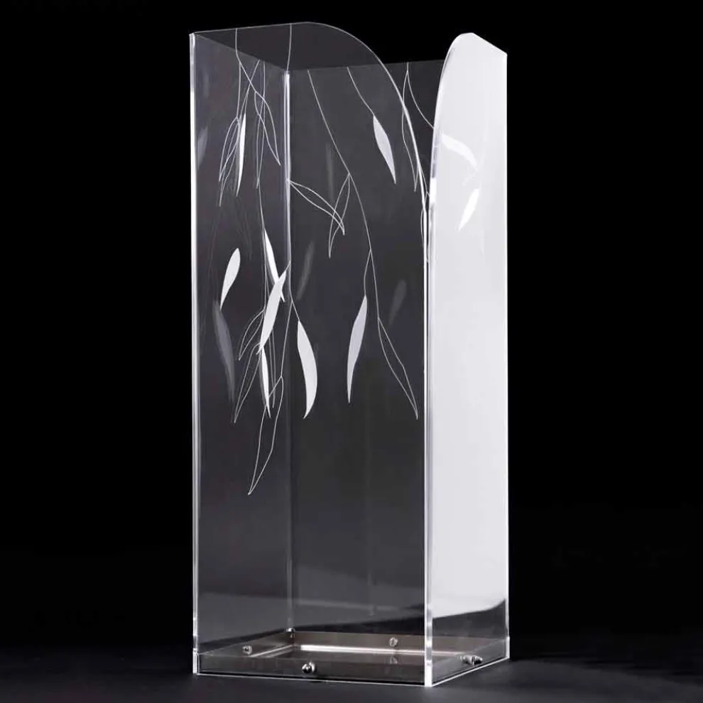 Design Schirmständer aus transparentem Plexiglas mit gravierten Blättern - Kanno