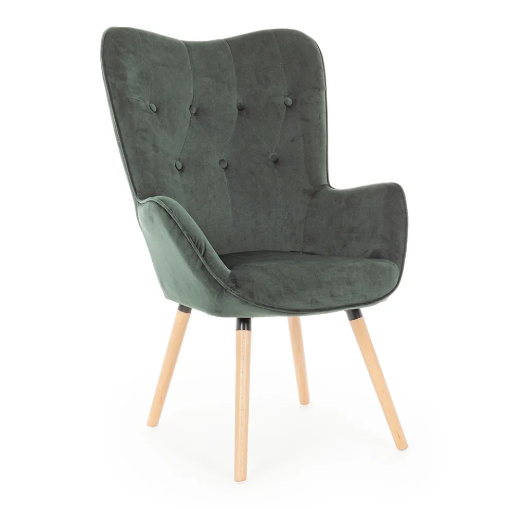 Design-Sessel aus Buchenholz und grünem oder grauem Samt - Gilly