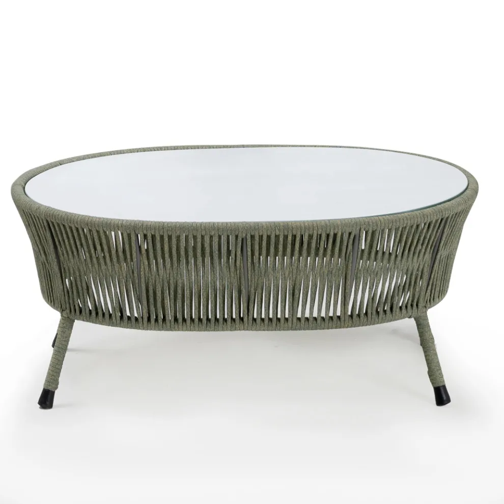Garten-Couchtisch aus Aluminium, geflochtenem Seil und Glas - Asteria