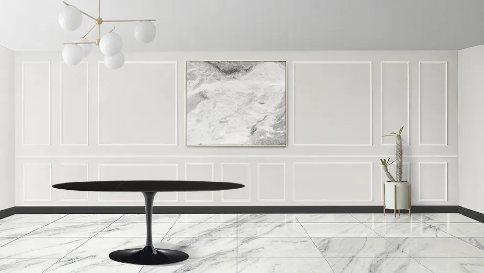 Eero Saarinen Tulip Tisch H 74 Oval ausziehbar aus schwarzem Flüssiglaminat - Scharlachrot