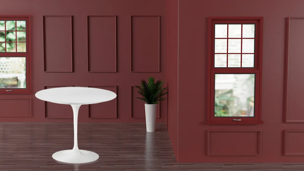 Eero Saarinen Tulip Tisch H 74 mit weißer Flüssiglaminatplatte Made in Italy - Scharlachrot
