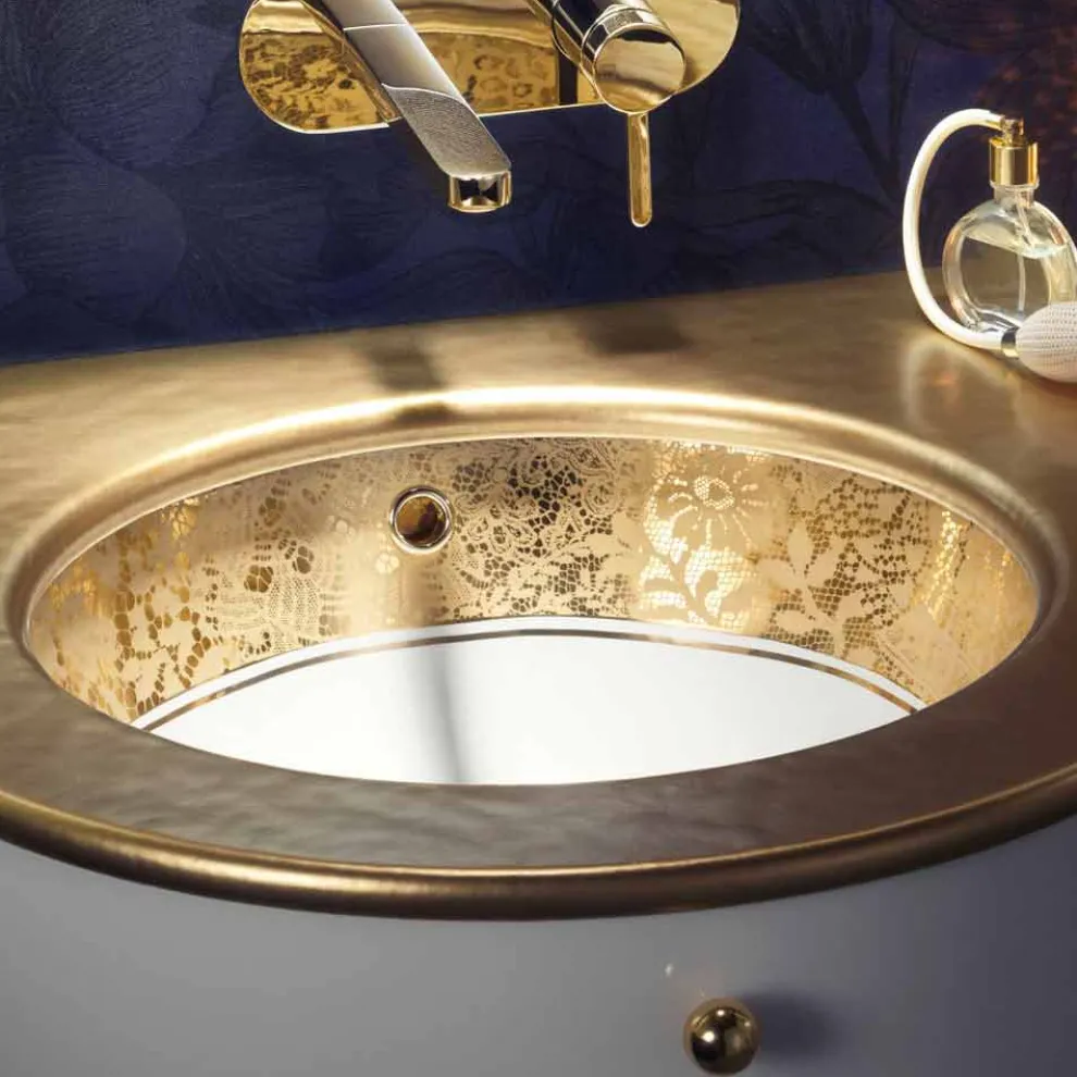 Einsatzwaschbecken Barock aus Fire Clay und 24k Gold handgemacht in Italien, Egeo