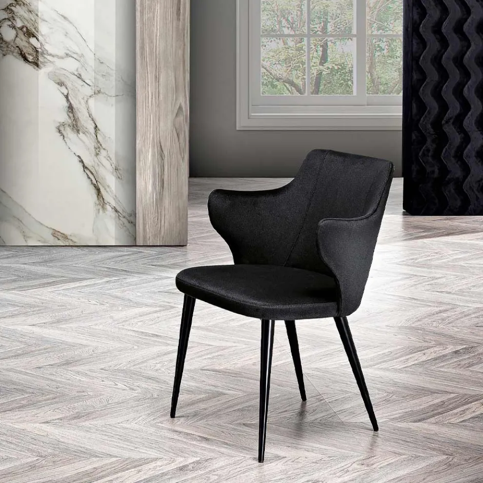 Eleganter Wohnzimmersessel aus farbigem Stoff und schwarzem Metall – Duchess