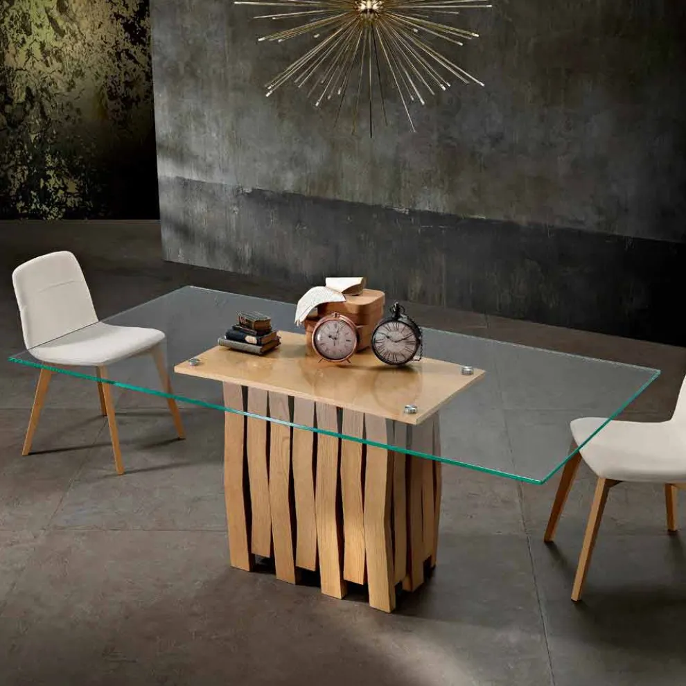 Esstisch aus Glas und Massivholz made in Italy, Egisto