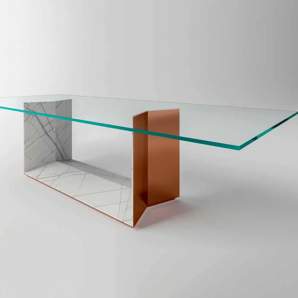 Esstisch aus Glas mit Metall- und Marmorsockel Made in Italy - Minera