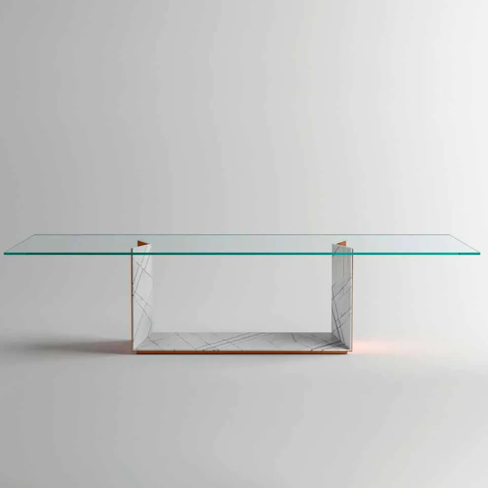 Esstisch aus Glas mit Metall- und Marmorsockel Made in Italy - Minera