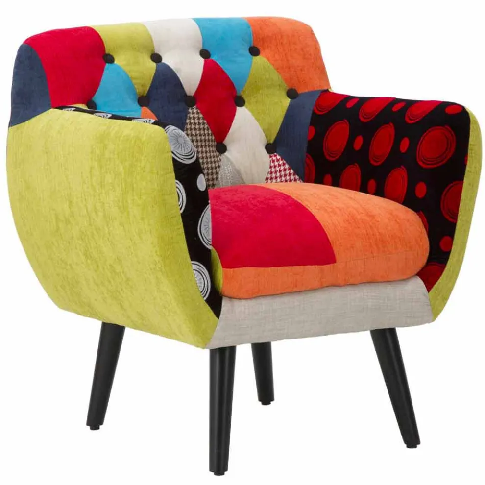 Farbiger Patchwork-Sessel im modernen Design aus Stoff und Holz - Koria