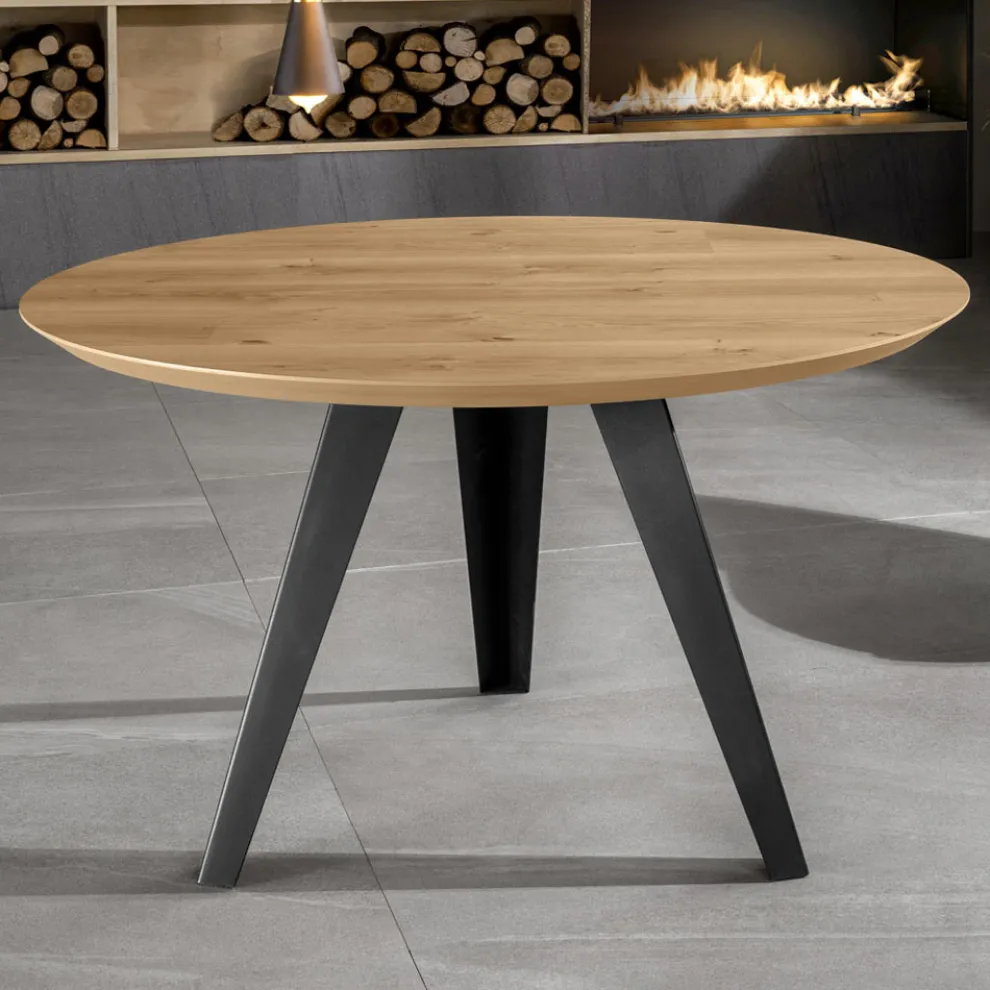 Fester runder Tisch mit Eichenfurnierplatte und Metallgestell – Alpenveilchen