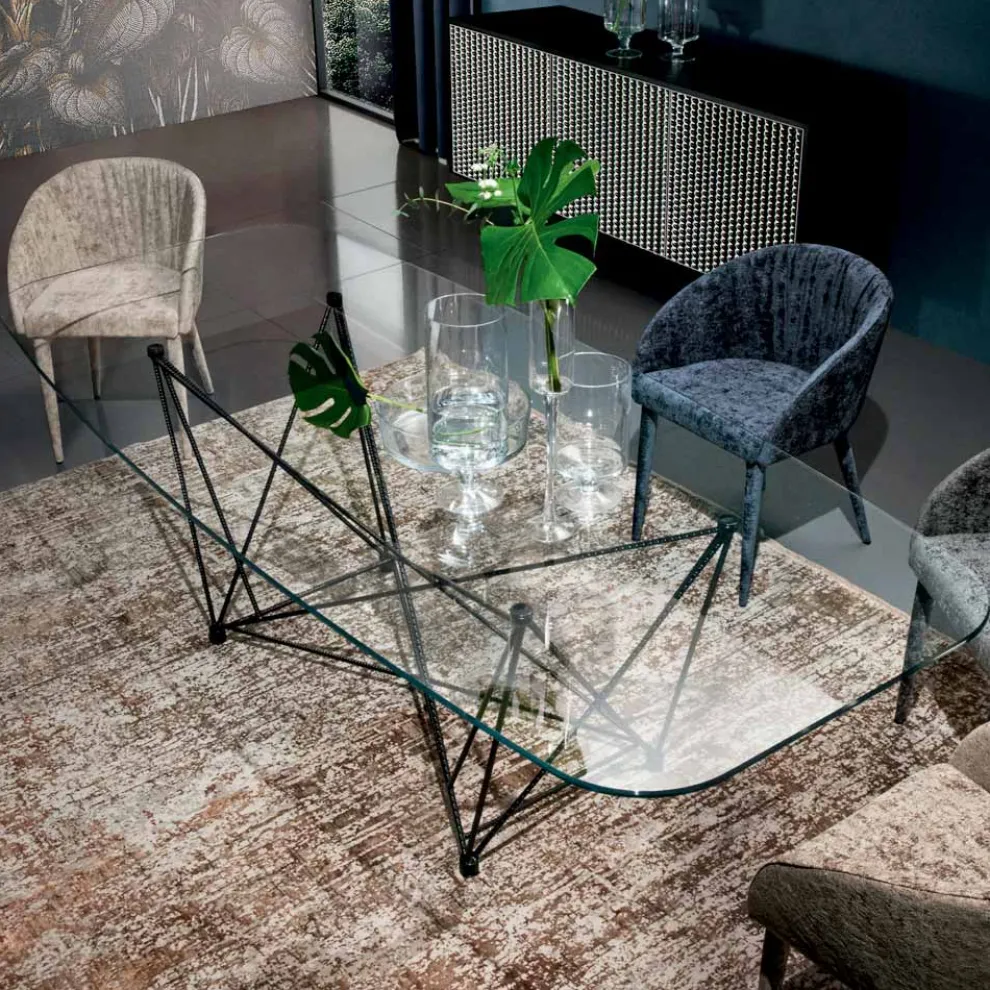 Fester Tisch mit tonnenförmiger Glasplatte und Stahlgestell, hergestellt in Italien – Ezzellino