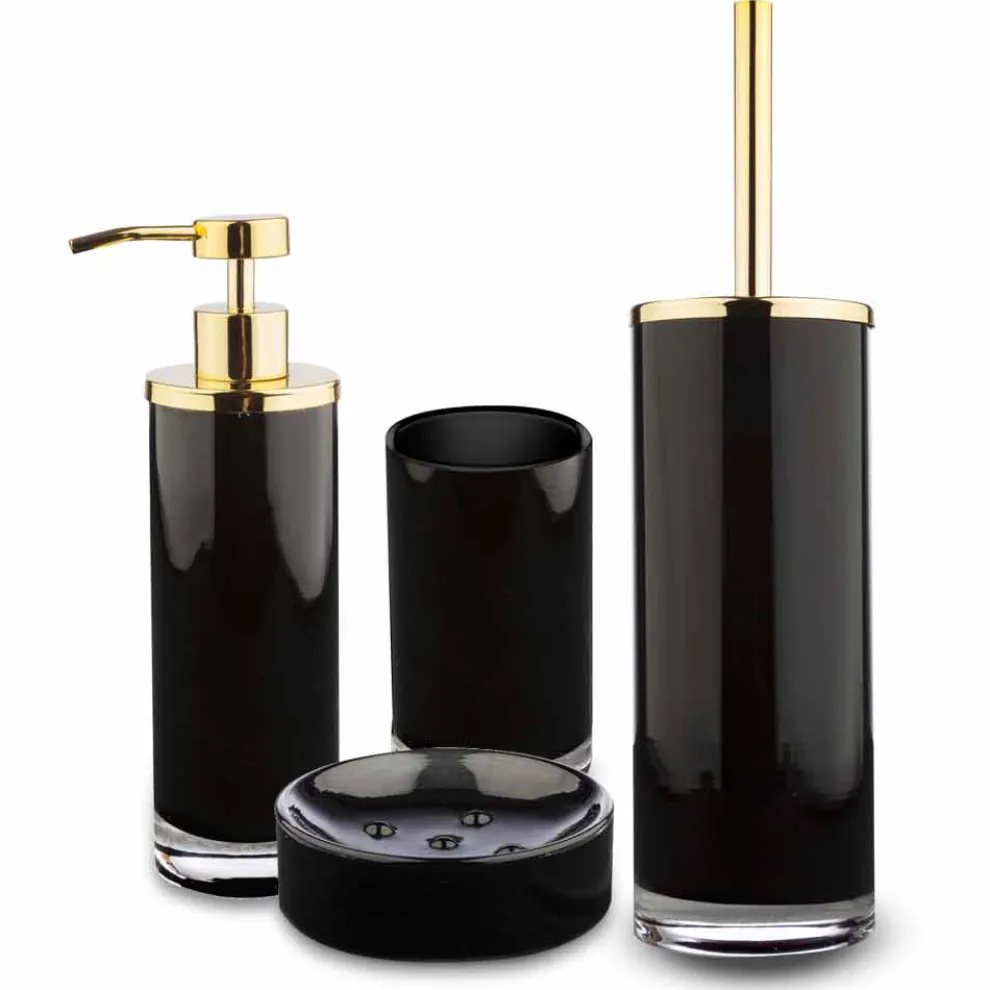 Freistehende Badezimmeraccessoires aus schwarzem Glas und glänzendem goldenem Metall - Schwarz