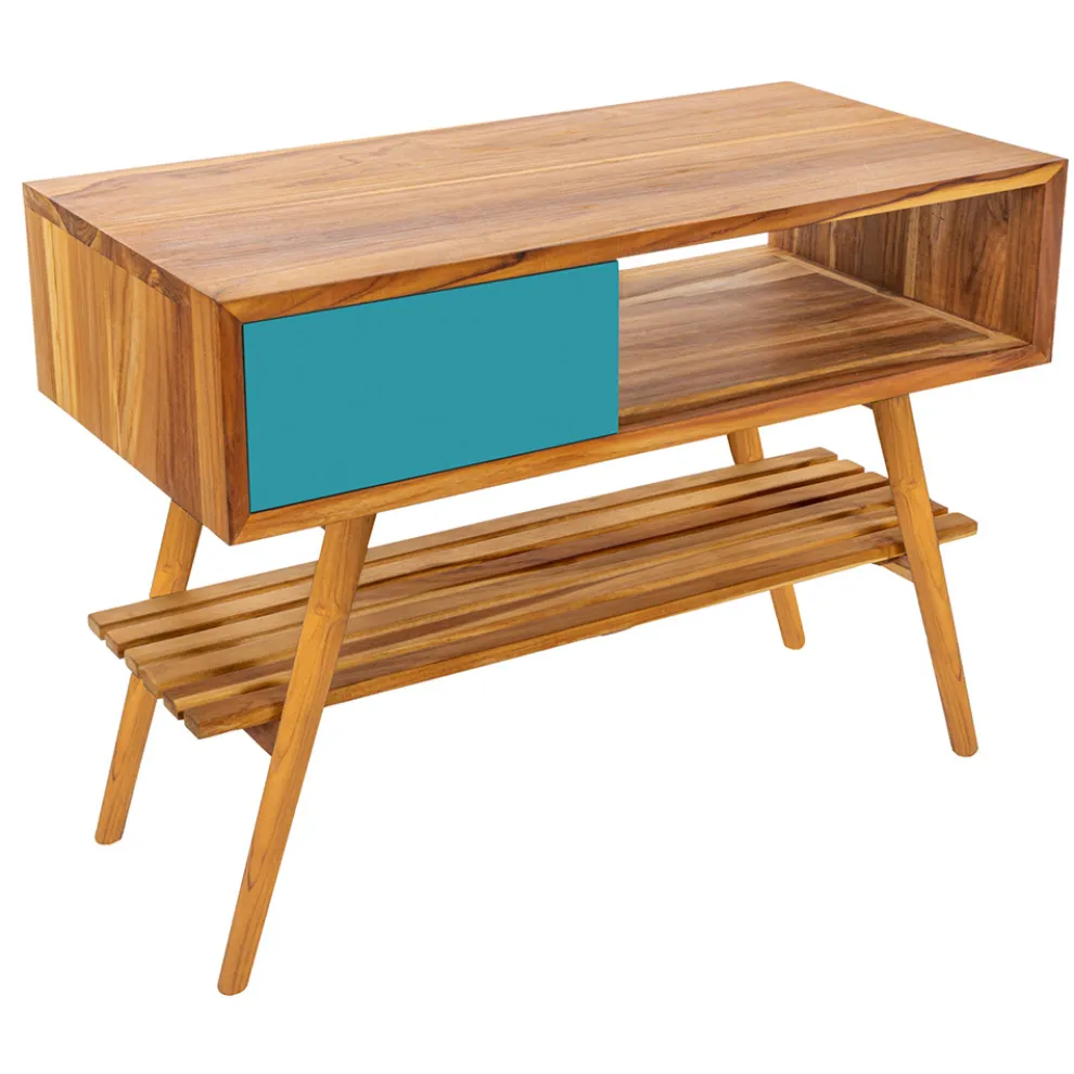 Freistehender Badezimmerschrank mit Struktur aus Teakholz und Schublade aus Mahagoni - Benoit