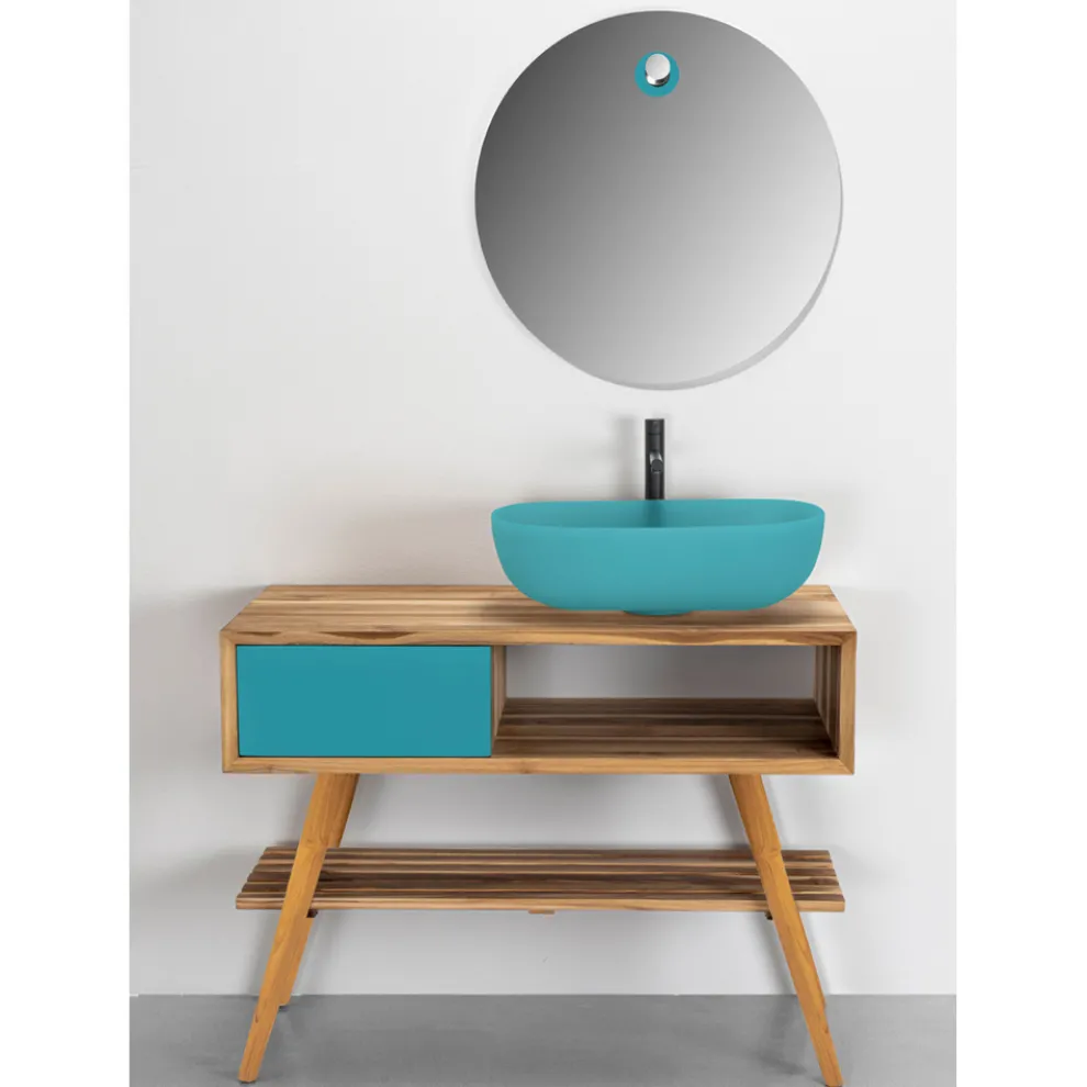 Freistehender Badezimmerschrank mit Struktur aus Teakholz und Schublade aus Mahagoni - Benoit