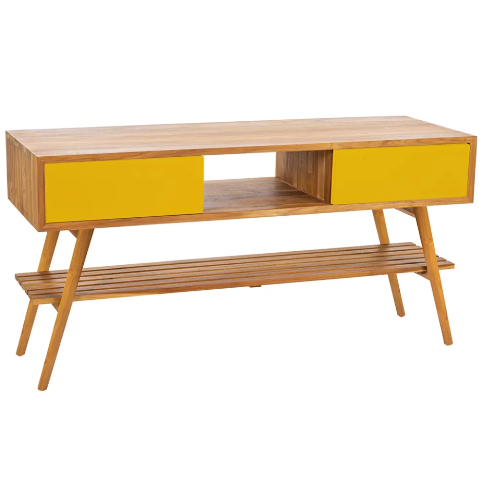 Freistehender Badezimmerschrank aus natürlichem Teakholz mit 2 gelben Schubladen - Hamadou