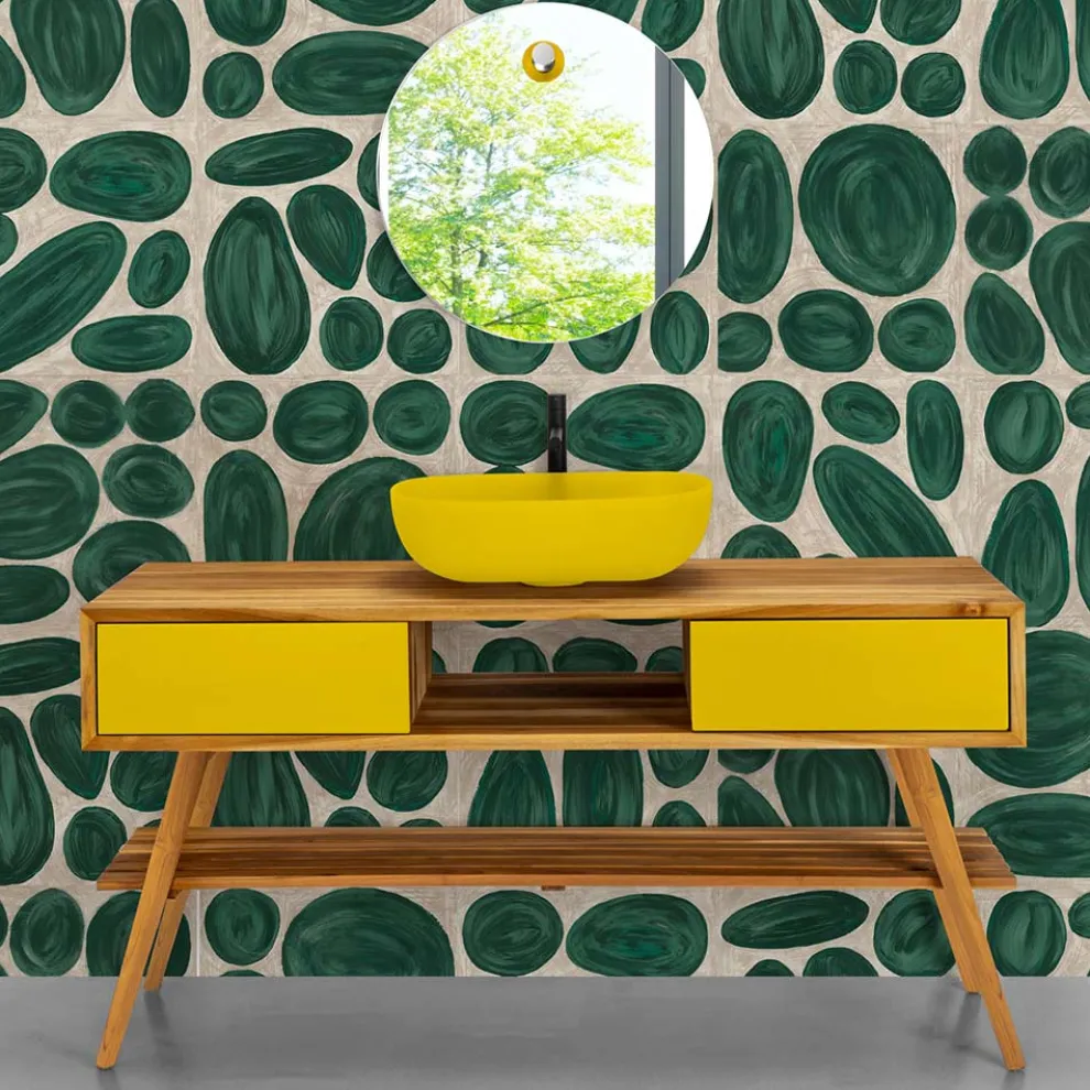 Freistehender Badezimmerschrank aus natürlichem Teakholz mit 2 gelben Schubladen - Hamadou