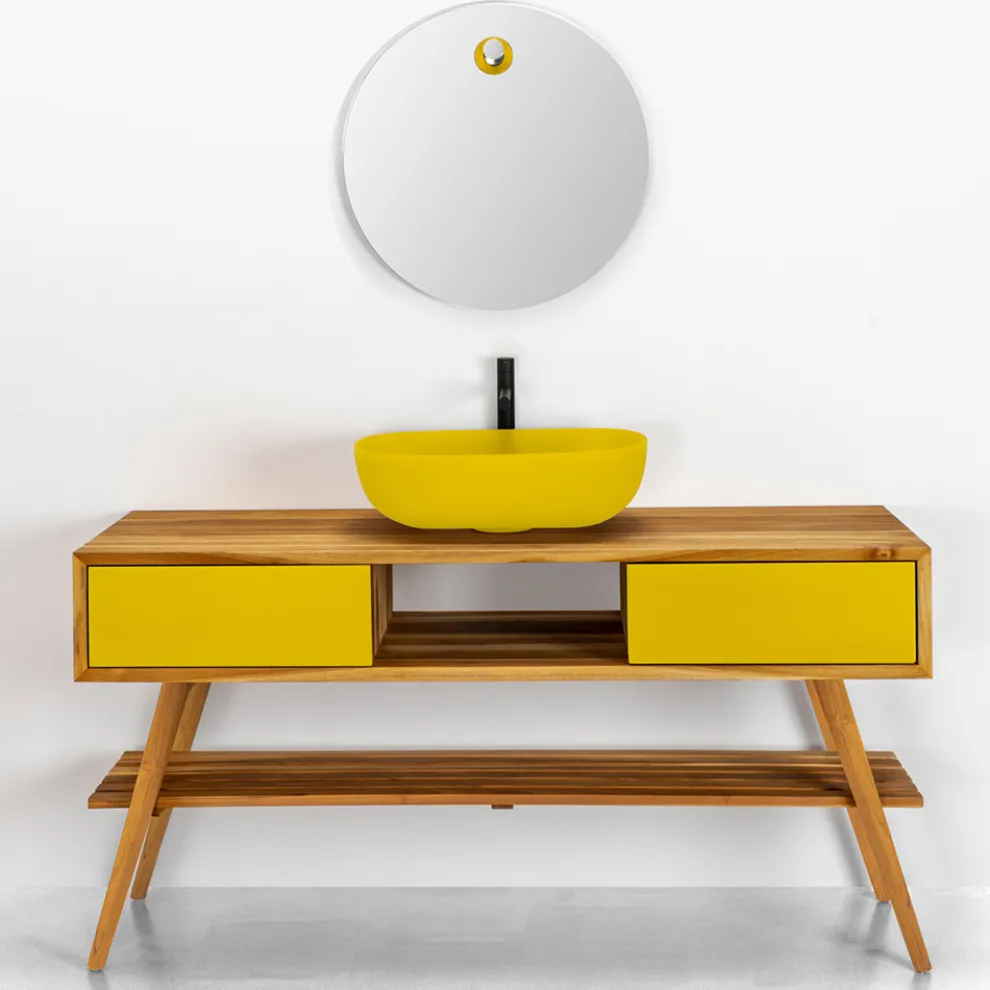 Freistehender Badezimmerschrank aus natürlichem Teakholz mit 2 gelben Schubladen - Hamadou