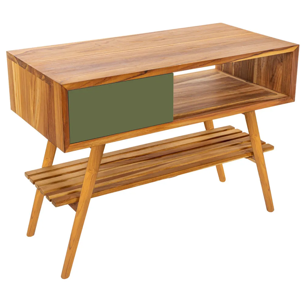 Freistehender Badezimmerschrank aus natürlichem Teakholz mit grüner Mahagonischublade - Benoit