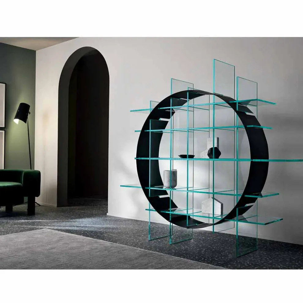 Freistehendes Circle Bücherregal aus extraklarem Glas und gebürstetem Schwarz - Marco