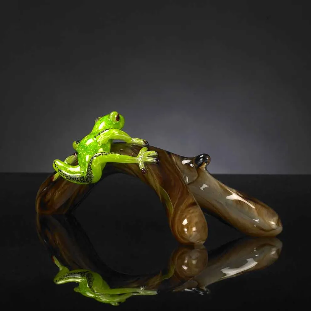 Froschförmige Statue auf Ast aus farbigem Glas Made in Italy - Froggy