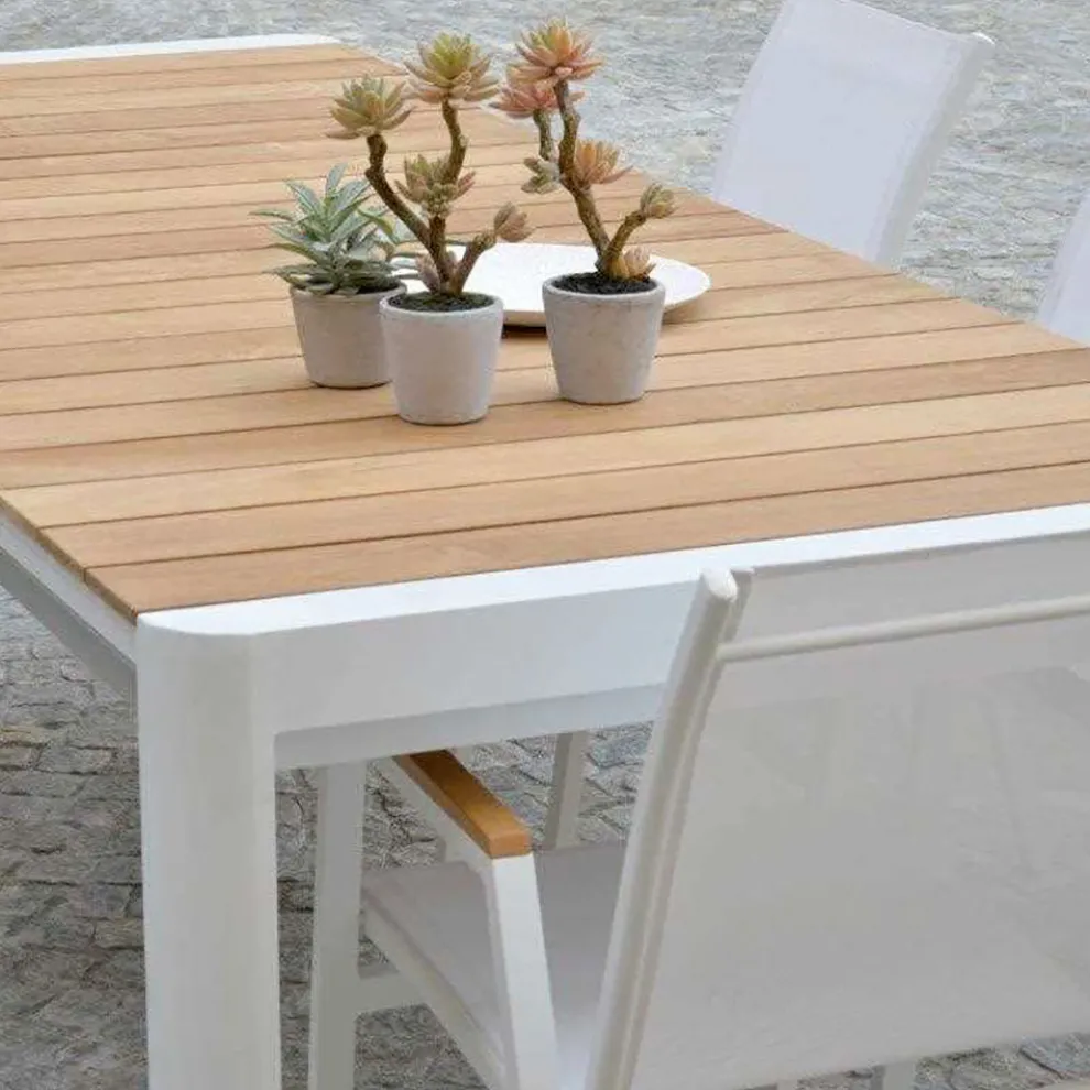 Ausziehbarer Tisch 240 cm aus weißem Aluminium und Teakholzplatte - Diary