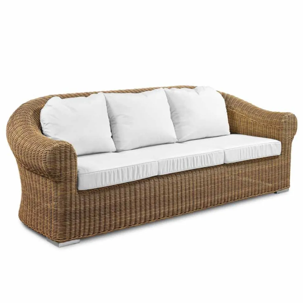 3-Sitzer-Sofa im Freien aus synthetischem Rattan und weißem oder Ecru-Stoff - Yves