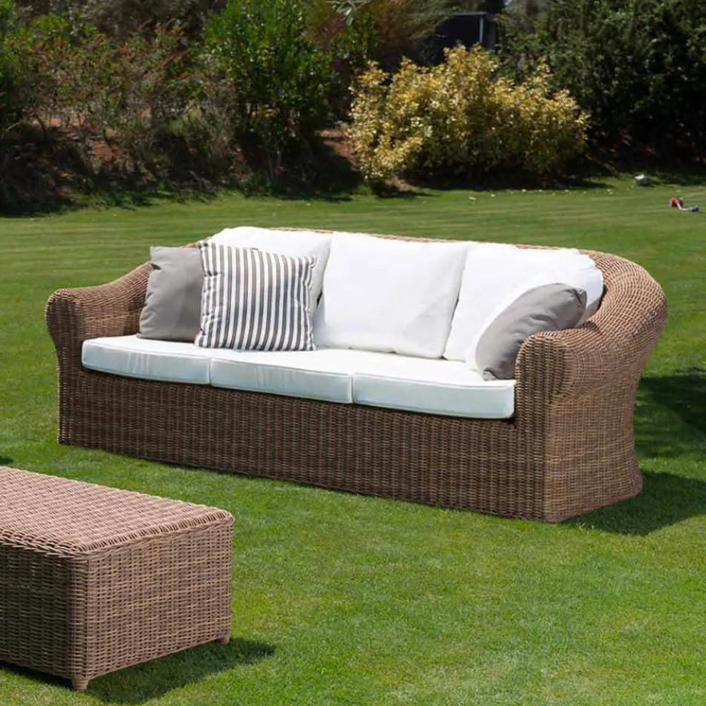 3-Sitzer-Sofa im Freien aus synthetischem Rattan und weißem oder Ecru-Stoff - Yves