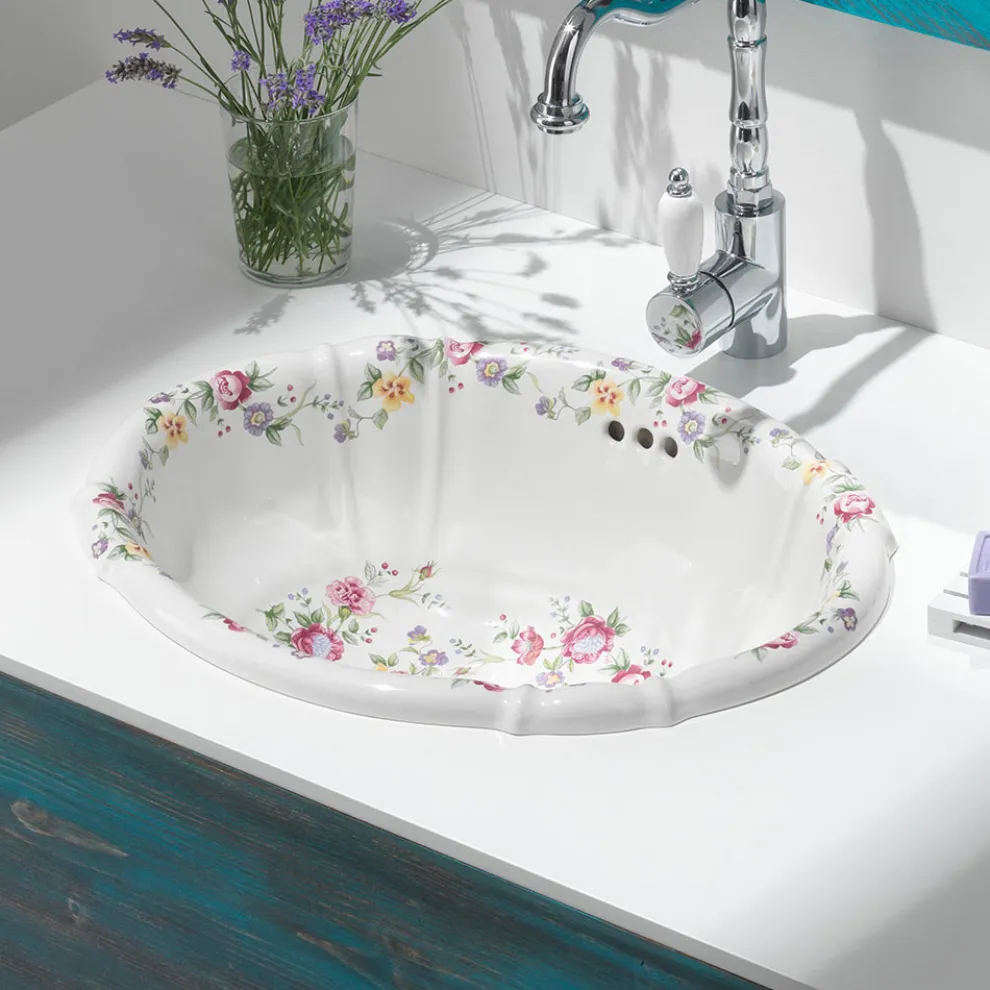Handgegossenes Vintage-Porzellanwaschbecken mit Blumen, hergestellt in Italien – Barbera
