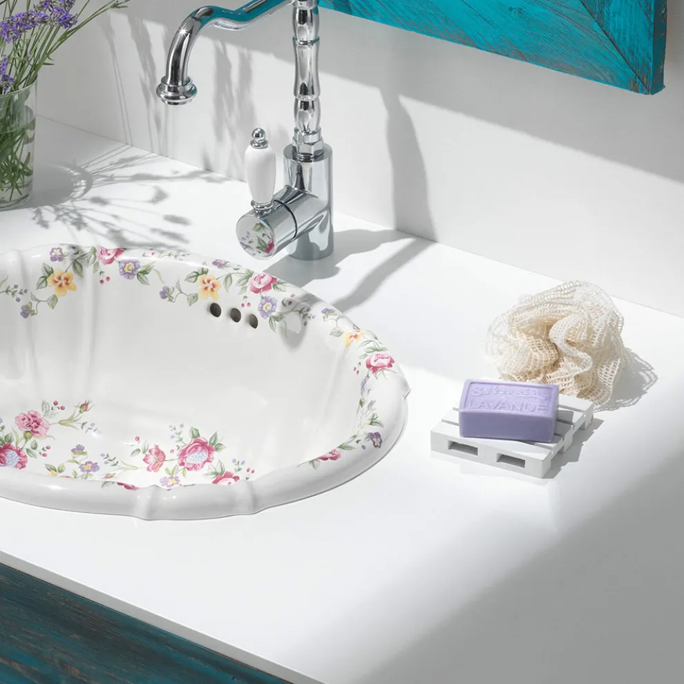 Handgegossenes Vintage-Porzellanwaschbecken mit Blumen, hergestellt in Italien – Barbera