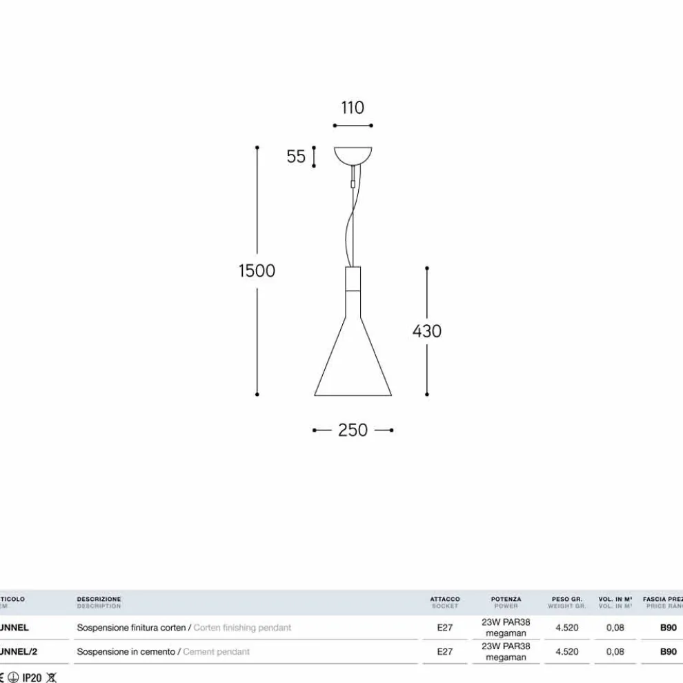 Hängelampe aus Beton Funnel von Aldo Bernardi